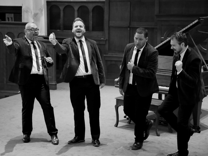 Coulee Classic Barbershop Quartet singers Matthew, Allen, Nate, and Colin at Cappella Performing Arts Center in La Crosse, Wisconsin.