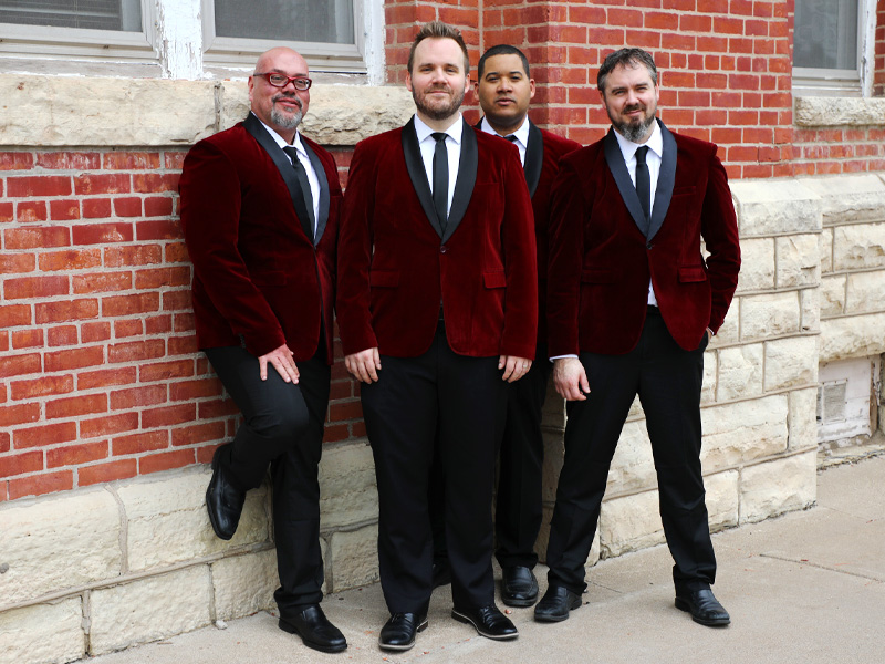 Coulee Classic Barbershop Quartet singers Matthew, Allen, Nate, and Colin at Cappella Performing Arts Center in La Crosse, Wisconsin.